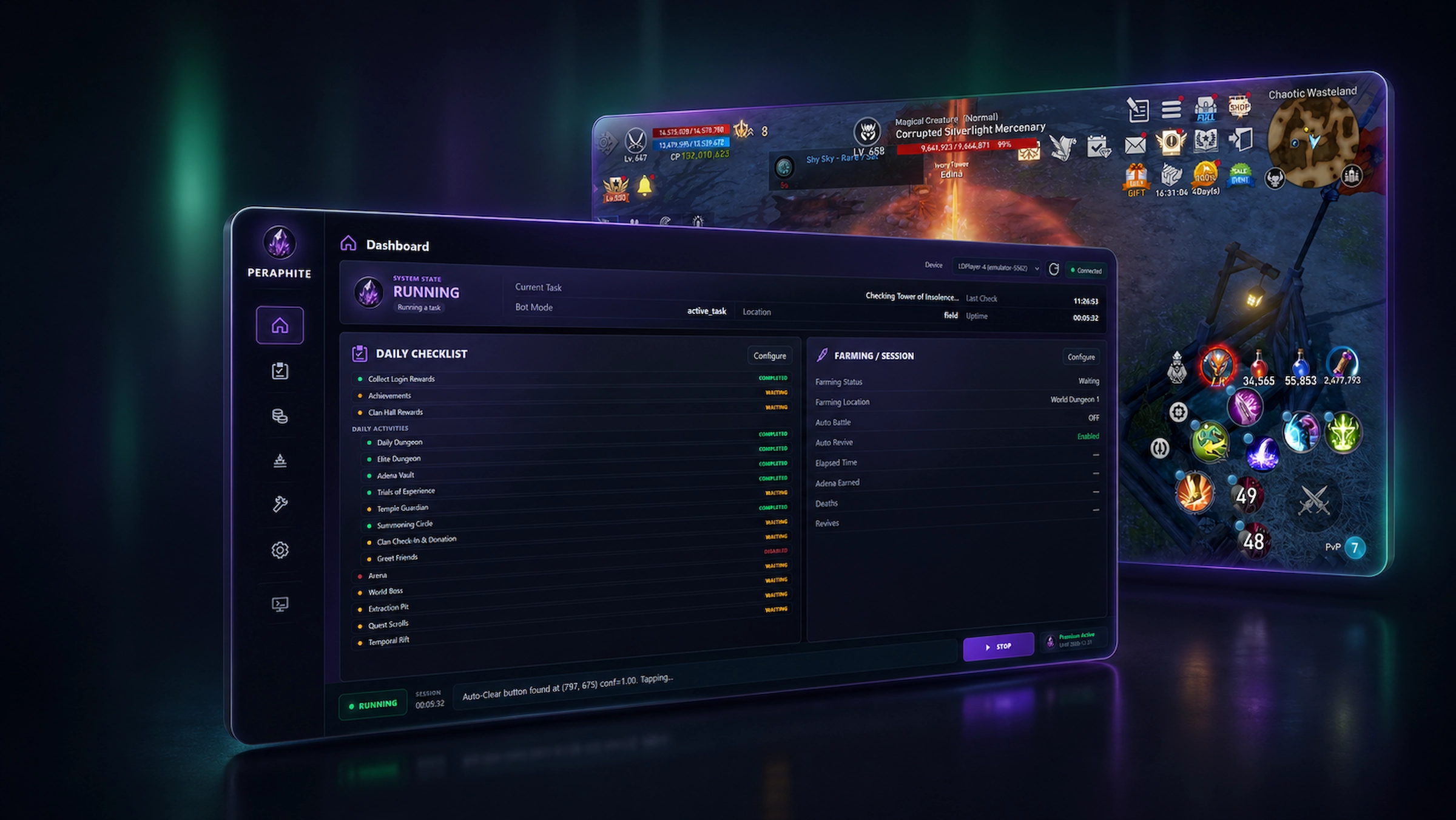 Real Peraphite dashboard preview with Lineage 2 Revolution running behind it